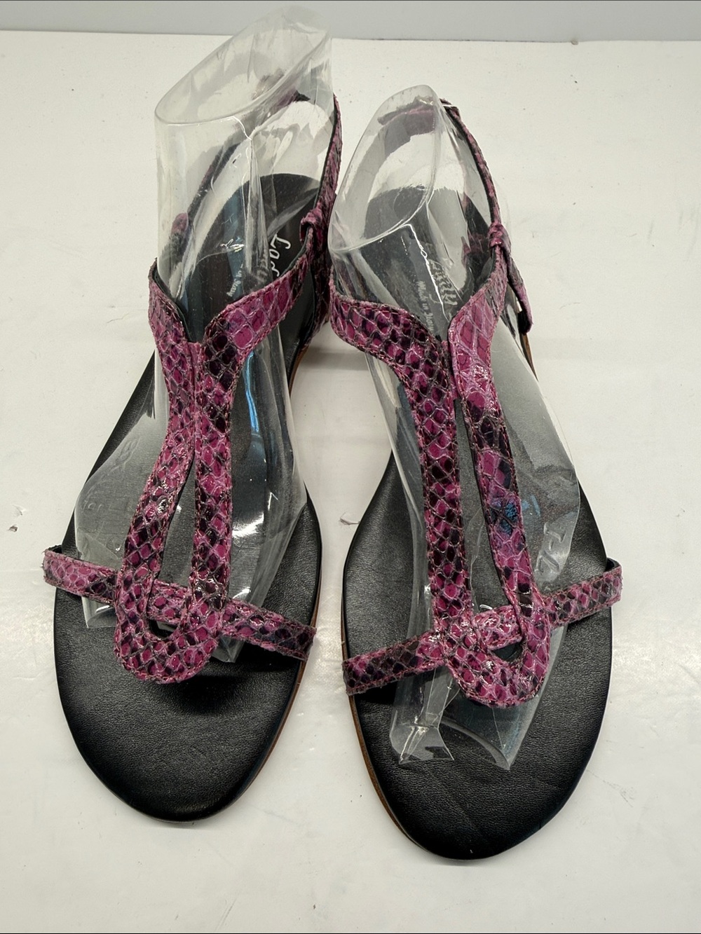 Lady Doc Pink Snake-Print T-Strap Sandals with Black Footbed
